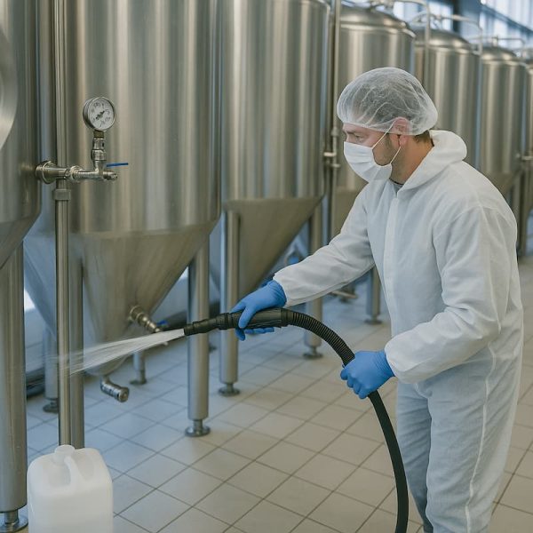 Persona limpiando un tanque de la industria alimentaria con el detergente alcalino para circuitos cerrados