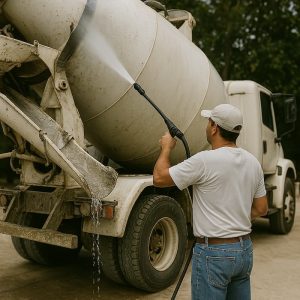 Persona limpiando una betonera con el limpiador para camiones mixer