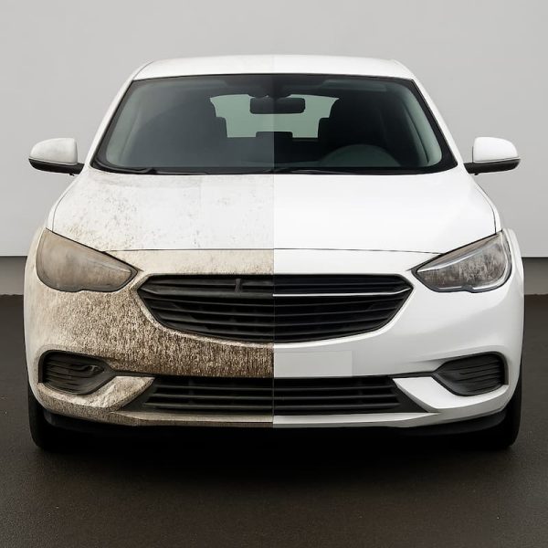 Vehículo con una comparativa de antes y después de utilizar shampoo para automóvil