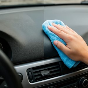 Aplicando la silicona emulsionada a un tablero de un automóvil