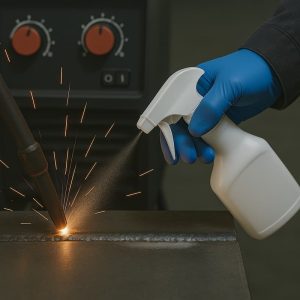 Persona echando antiadherente de soldadura en el cordón de soldadura para evitar la perlilla