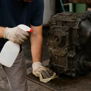 Persona aplicando el desengrasante alcalino en un motor industrial