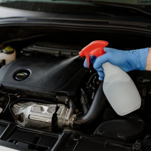 Persona utilizando un aspersor para aplicar el desengrasante para motores