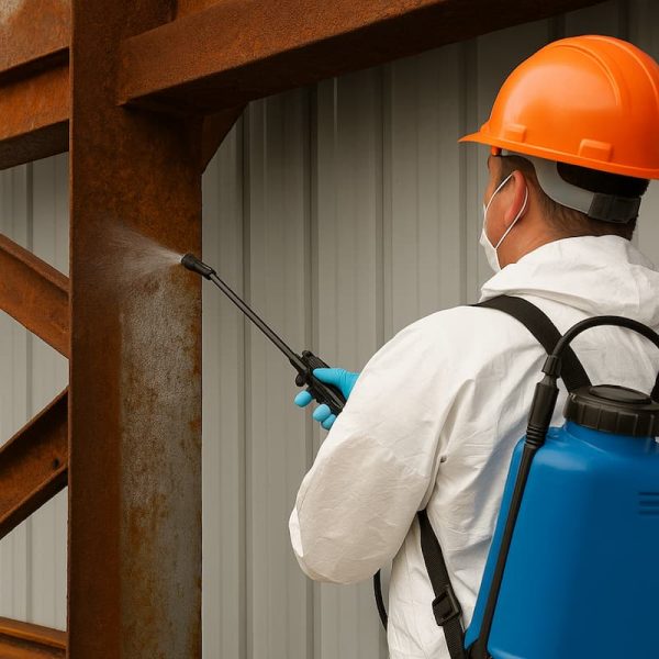Persona aplicante el desincrustante y desoxidante en una estructura oxidada