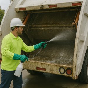 Persona limpiando un camión recolector de basura con un desodorizante líquido