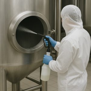 Persona limpiando un circuito cerrado con el detergente ácido