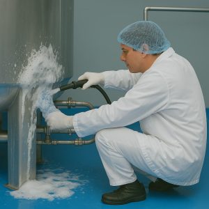 Persona aplicando el detergente clorado con espuma en el estanque de la planta de procesamiento de alimentos