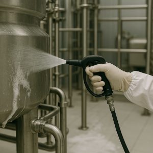Trabajador limpiando una fábrica de alimentos con el detergente alcalino altamente concentrado