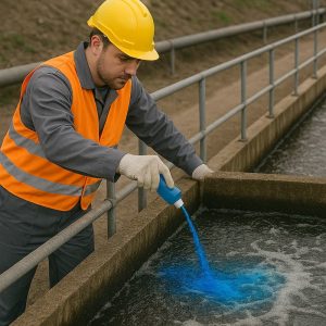 Persona utilizando el disgregante y eliminador de olores a los riles