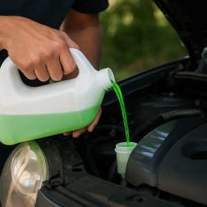 Persona aplicando el líquido refrigerante en el radiador del vehículo