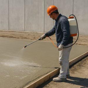 Persona aplicando la membrana de curado en un piso de concreto fresco