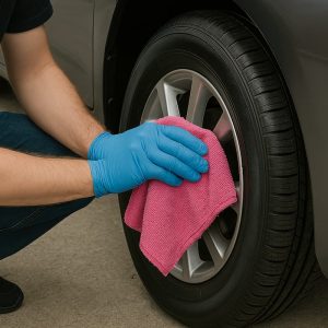 Persona colocando renovador para neumático en la llanta de un auto