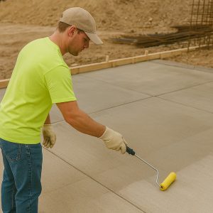 Trabajador aplicando sellador de concreto impermeabilizante en una superficie de concreto