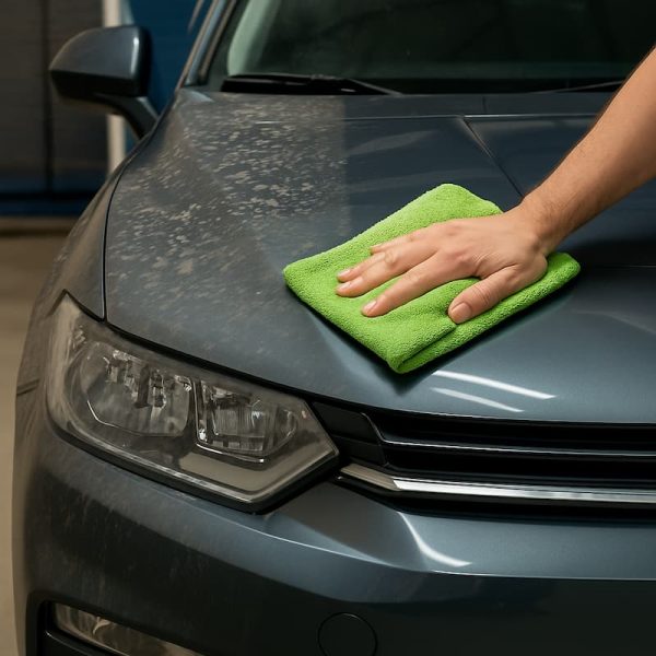 Persona limpiando un vehículo con el shampoo en seco para auto