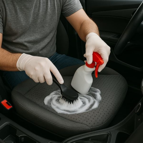 Una persona limpiando el asiento de un vehículo con el shampoo para tapiz de auto