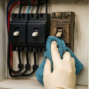 Persona limpiando la suciedad de un tablero eléctrico con el solvente dieléctrico de secado normal