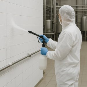 Persona aplicando en una pared el detergente neutro espumoso para limpiar la superficie