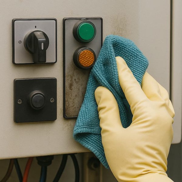 Persona limpiando un equipo eléctrico lleno de polvo con el solvente dieléctrico de secado rápido