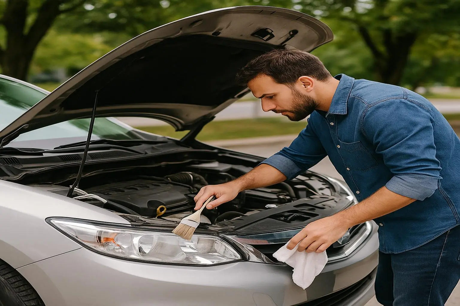Una persona revisando su vehículo para poner en práctica los consejos de cómo cuidar tu auto