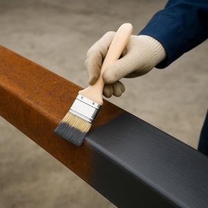 Persona aplicando en un perfil oxidado convertidor de óxido