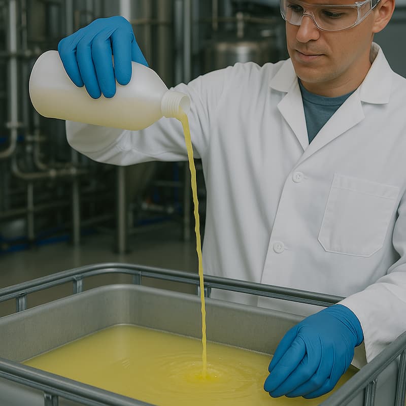 persona creando un producto químico industrial