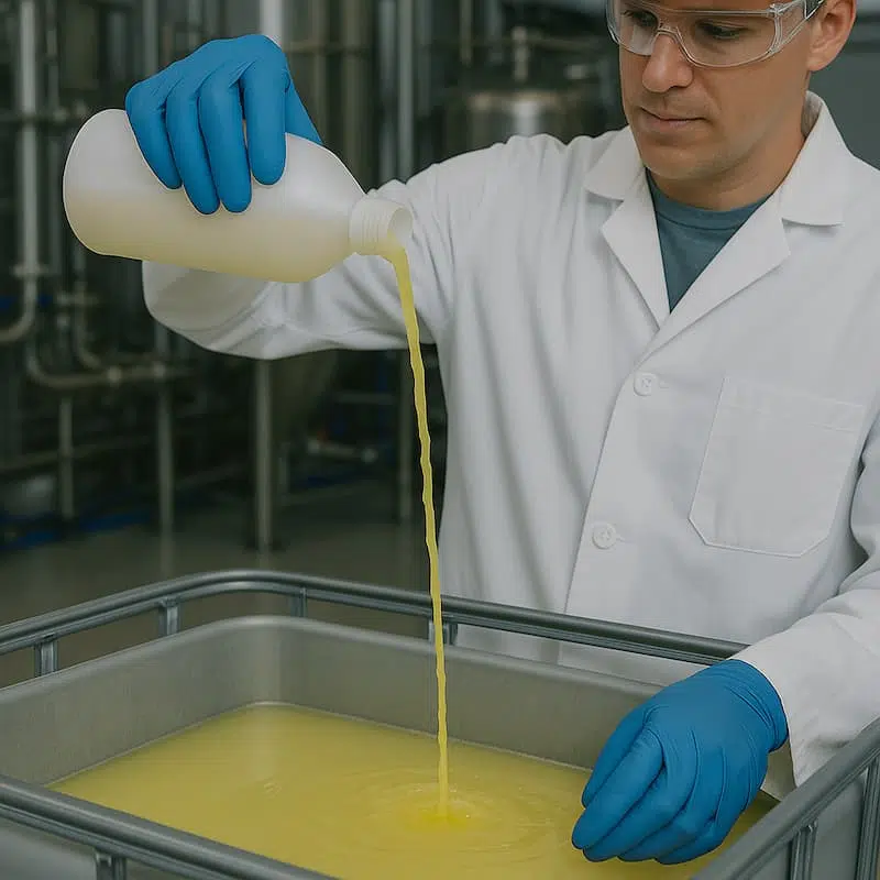 persona creando un producto químico industrial