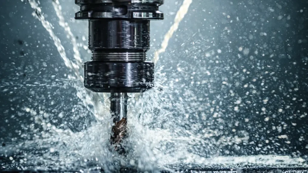 Una operación de corte donde se está utilizando un fluido de corte para mecanizado