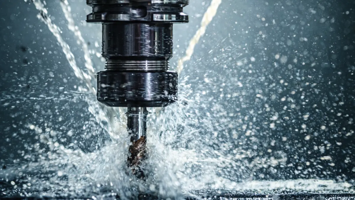 Una operación de corte donde se está utilizando un fluido de corte para mecanizado