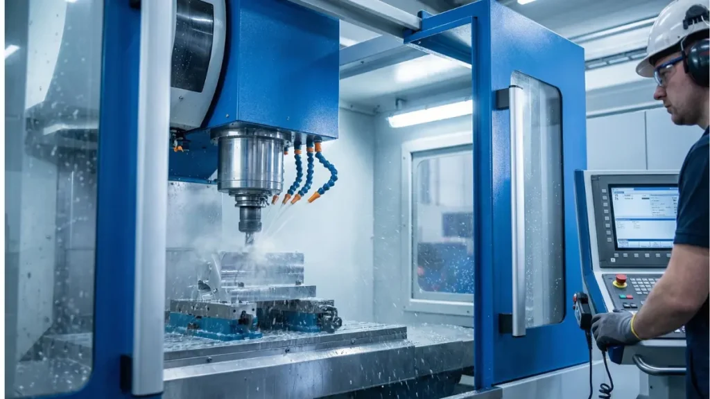 Un trabajador realizando una operación de corte utilizando un soluble para ver los tipos de fluido de corte que existen para el mecanizado