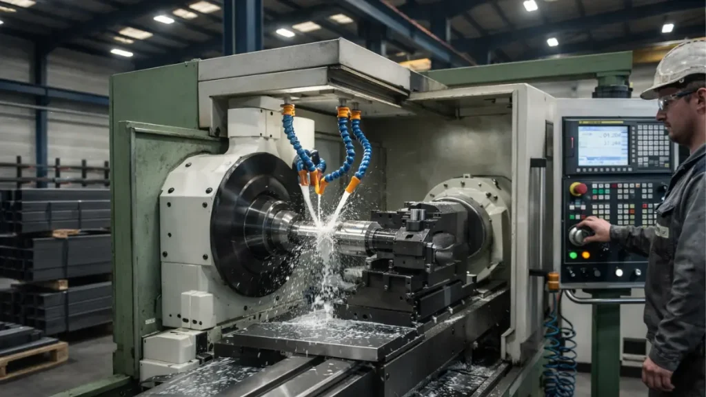 Un trabajador en un torno cnc atento al uso y control del fluido en operaciones de mecanizado
